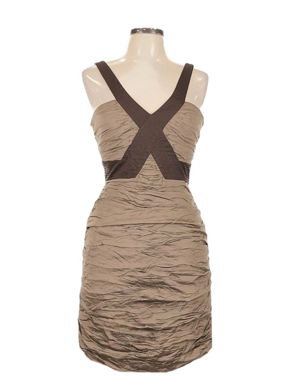 BCBGMAXAZRIA SIMSON Ruched Metallic Cocktail Party Dress Mocha Brown 10